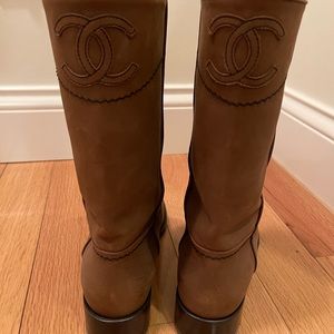 Chanel mid calf brown boots